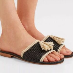 CARRIE FORBES Adam Pom Tassel embellished Raffia flat sandals Slides Size 35/5